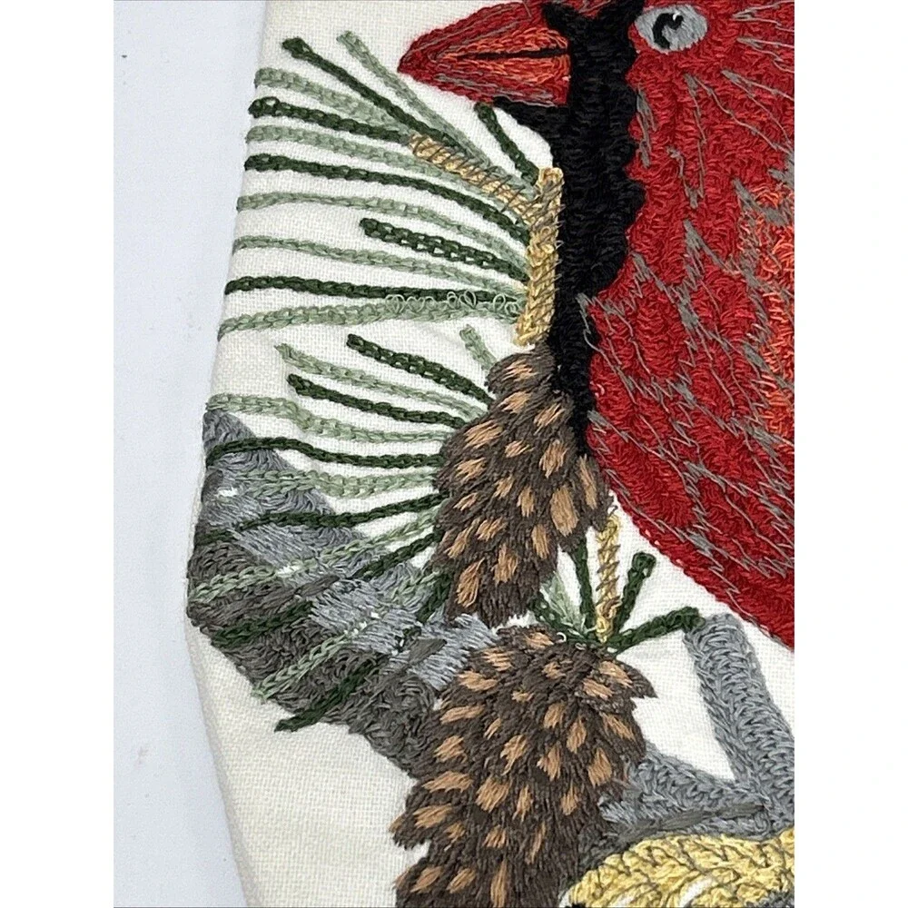 Pottery Barn Christmas Stocking Embroidery Cardinal Pine Cone Branch Bird Crewel